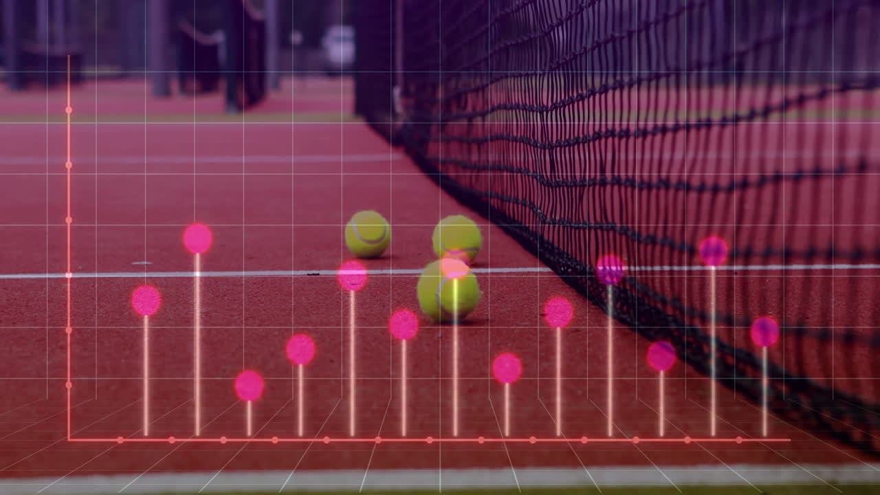 Tennis balls clustering near net on clay court, 3D render overlay showing neon data grid visuals