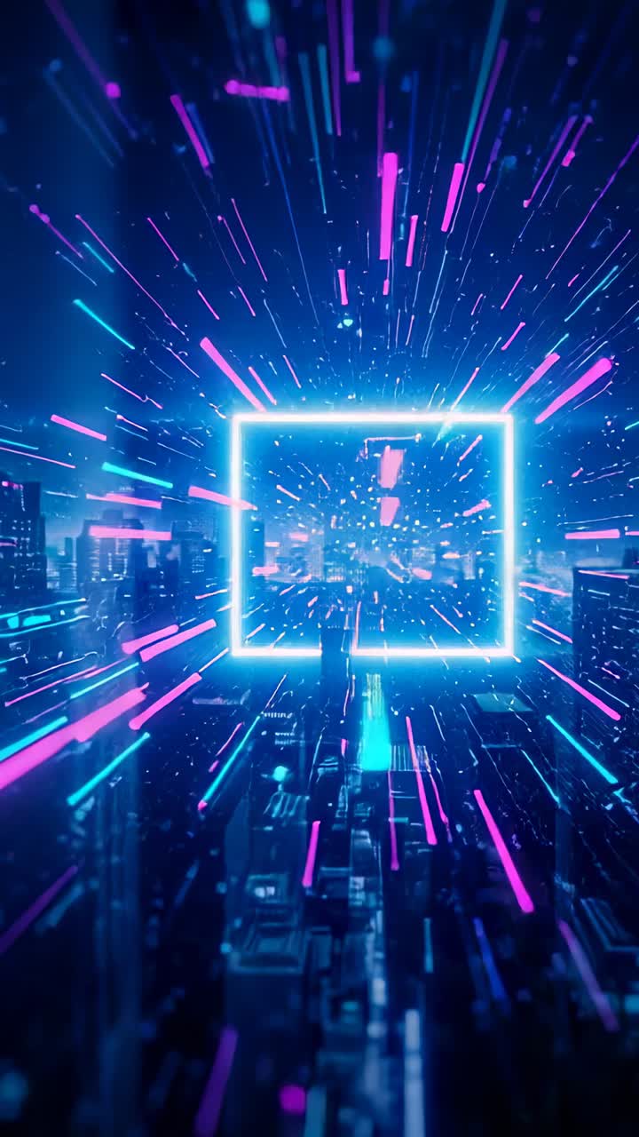 Vertical video: Fading in neon square frame drawing camera through city with magenta cyan streaks
