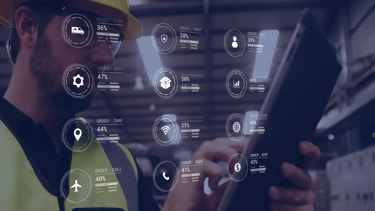 Animation of icons and data processing over caucasian man working in warehouse