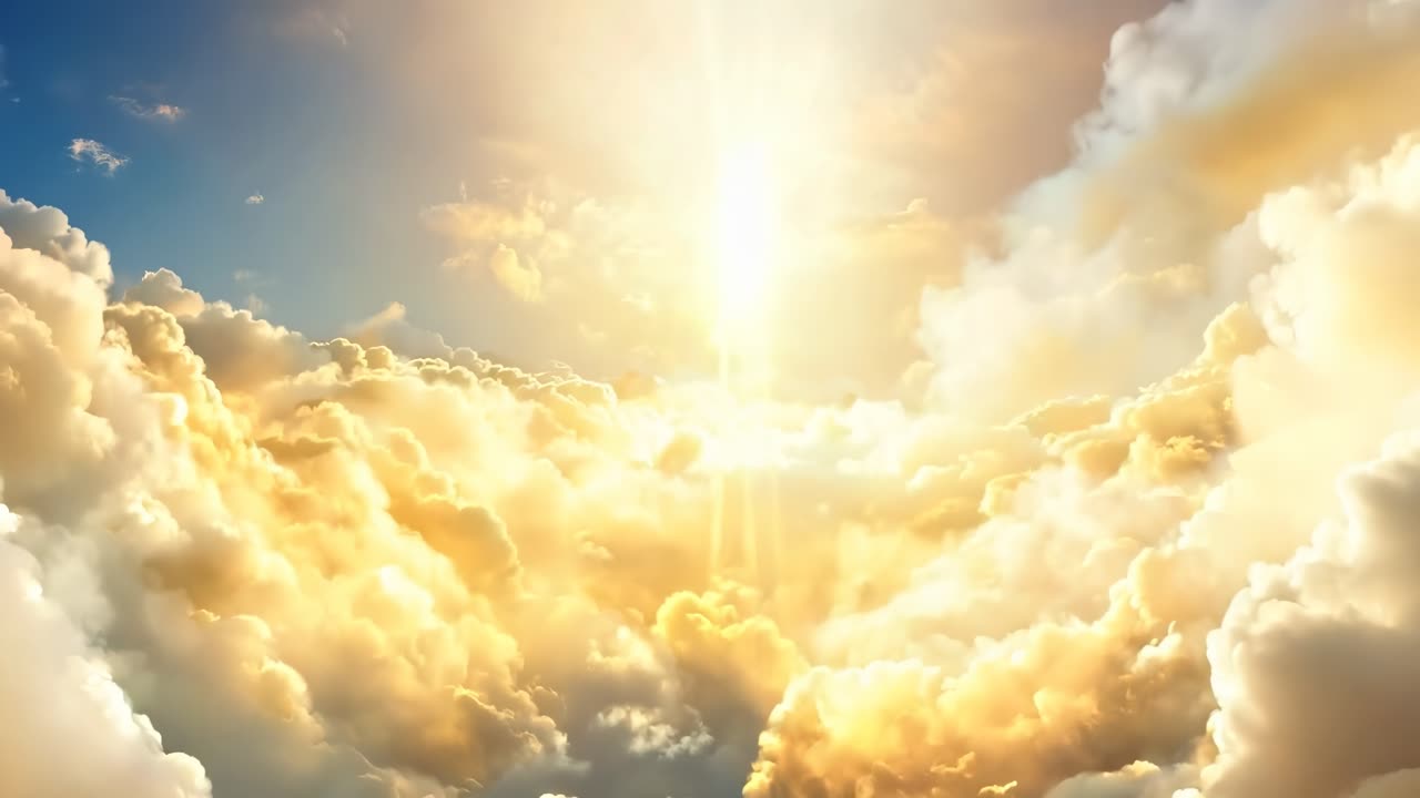 Heavenly clouds with golden light, captured from a low angle, create a divine, ethereal atmosphere