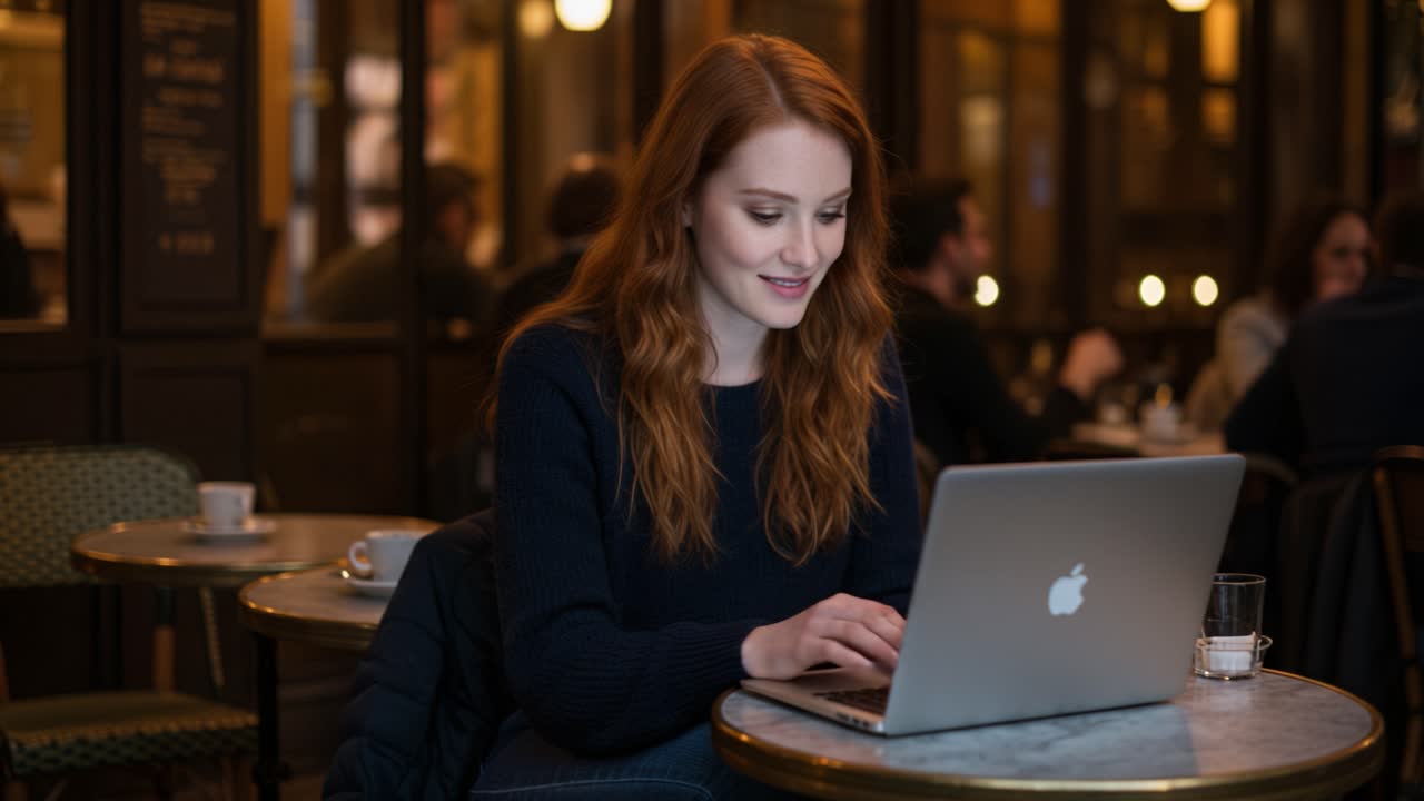 A young woman sits at a table in a charming cafe, focused on her laptop as she types. The warm ambiance features soft lighting and comfortable seating, creating a relaxed environment. Other patrons can be seen enjoying their own time, sipping beverages and engaging in conversations. The woman wears 