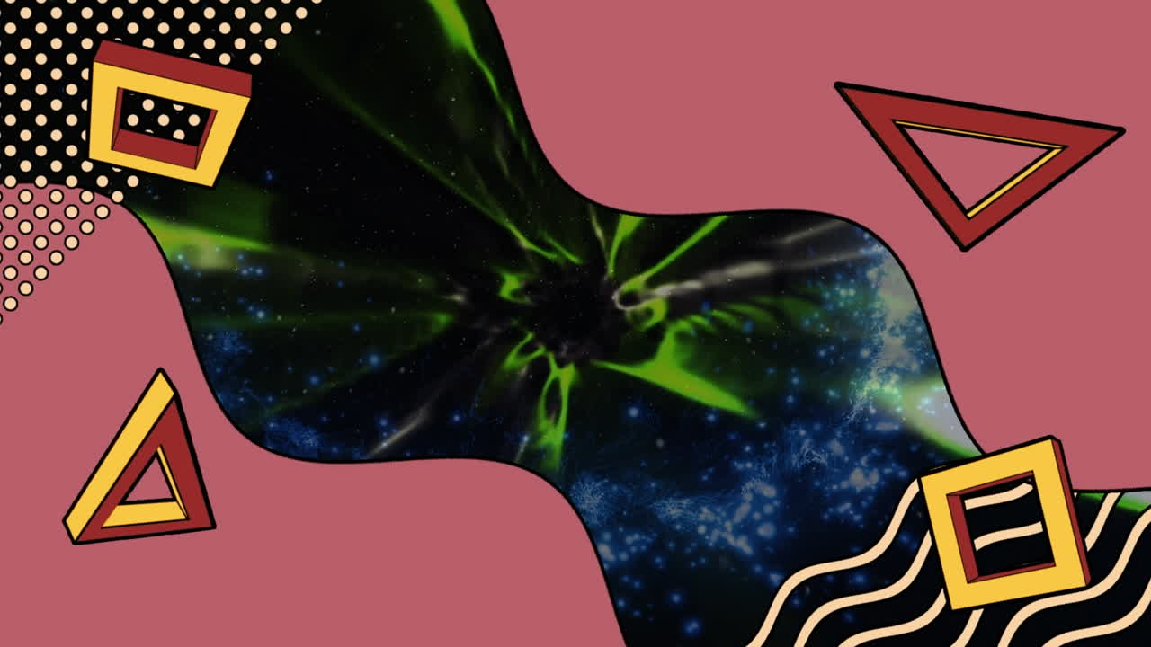 animación de formas geométricas sobre patrones abstractos contra el túnel espacial en el fondo.