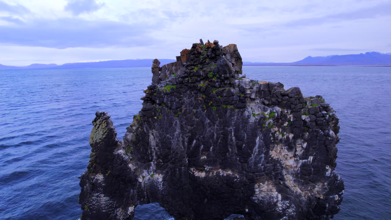 Aerial of majestic Hv&iacute;tserkur Sea basalt rock in north Iceland
