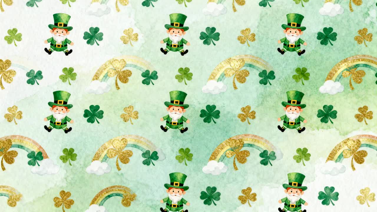 On play sliding leprechauns in green coats right across backdrop to reveal repeating clover pattern