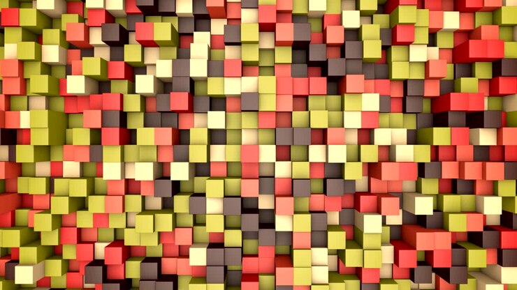 3d animation: mosaic abstract background, colored moving blocks brown, red, pink, green, beige, yellow color. fall, autumn. Range of shades. small squares, cell. Wall cubes. Pixels art. Seamless loop.