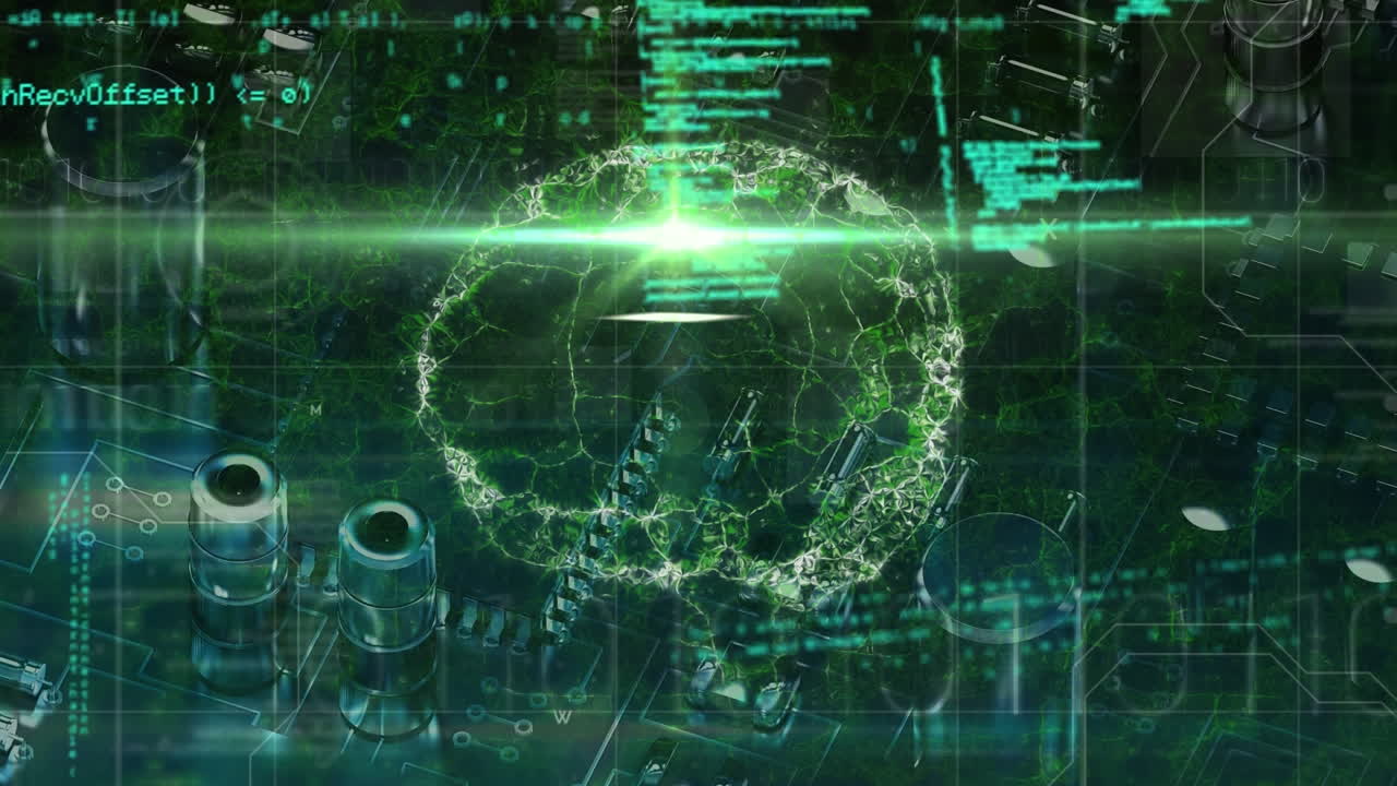 animación del procesamiento de datos con placa de circuito de computadora y cerebro humano