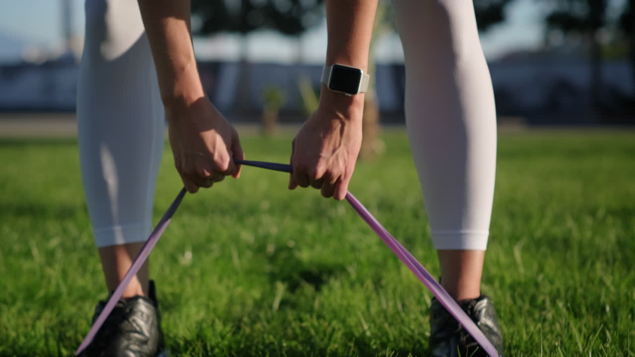 mujer haciendo ejercicio de banda de resistencia en un parque