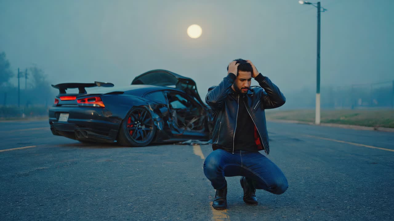 Man stands in front of wrecked Camaro after car accident