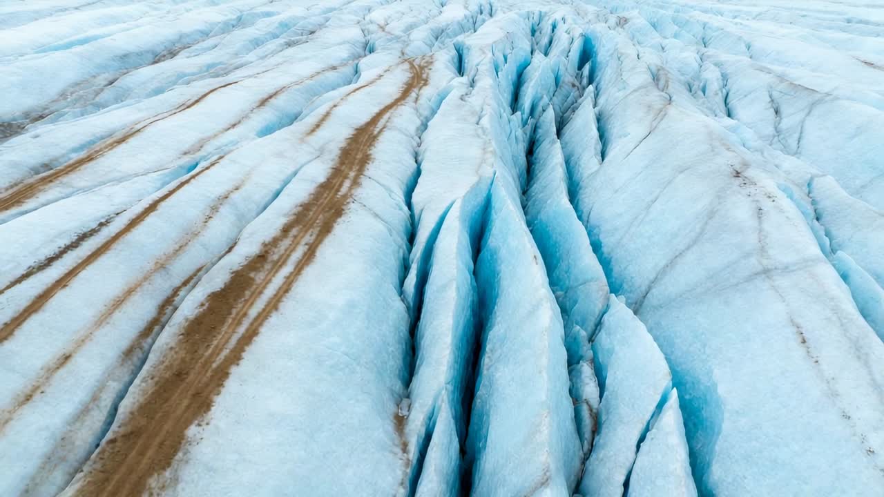 Telecamera che scende sopra il ghiacciaio, rivelando crepacci di un blu intenso e una morena marrone, mostrando schemi.