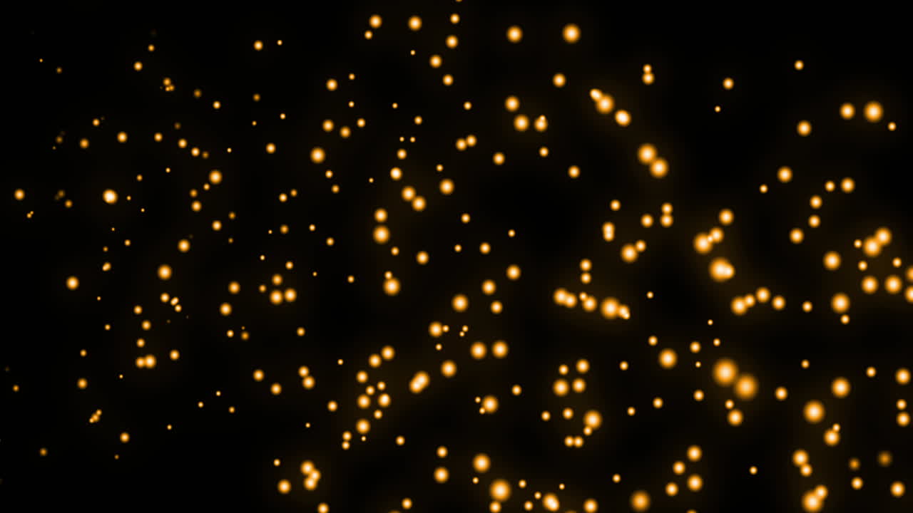 Animatie van meerdere gloeiende gouden lichtpuntjes, hypnotiserend bewegend op een zwarte achtergrond