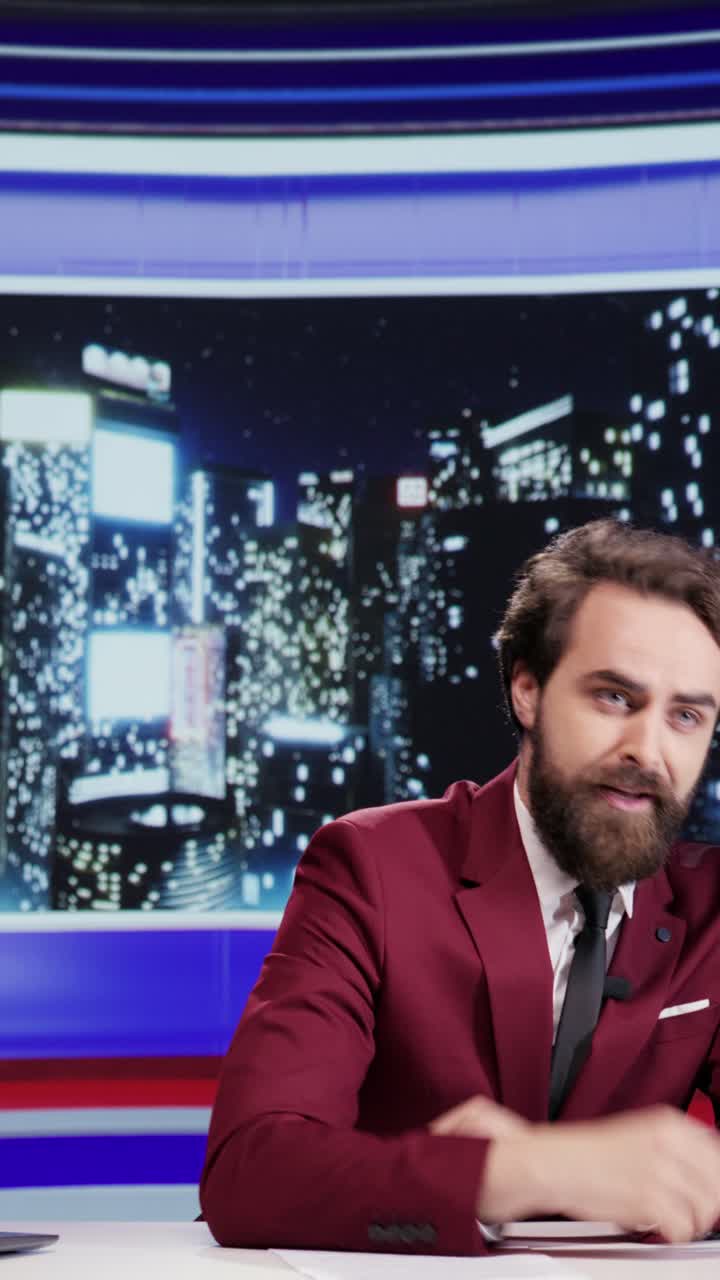Vertikální video. Moderátor noční talk show prezentuje zprávy z médií