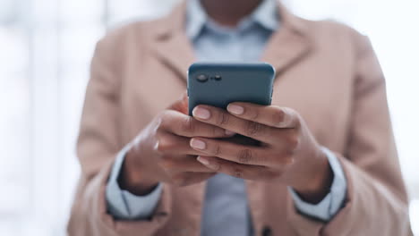 business person, hands and typing with phone