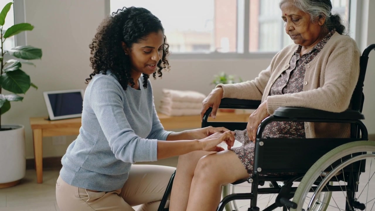 Preparing pad, carer in blue kneeling securing dressing on senior's knee in wheelchair home to heal