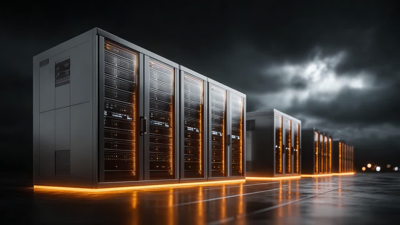Dramatisk fremvisning af moderne serverracks belyst af omgivende lys mod en mørk, stormfuld himmel, der skaber en højteknologisk atmosfære af netværk og databehandlingskraft