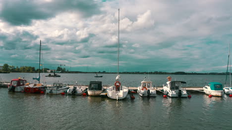 Drone-view-of-yachts-moored-in-the-marina-in-Puck,-Poland