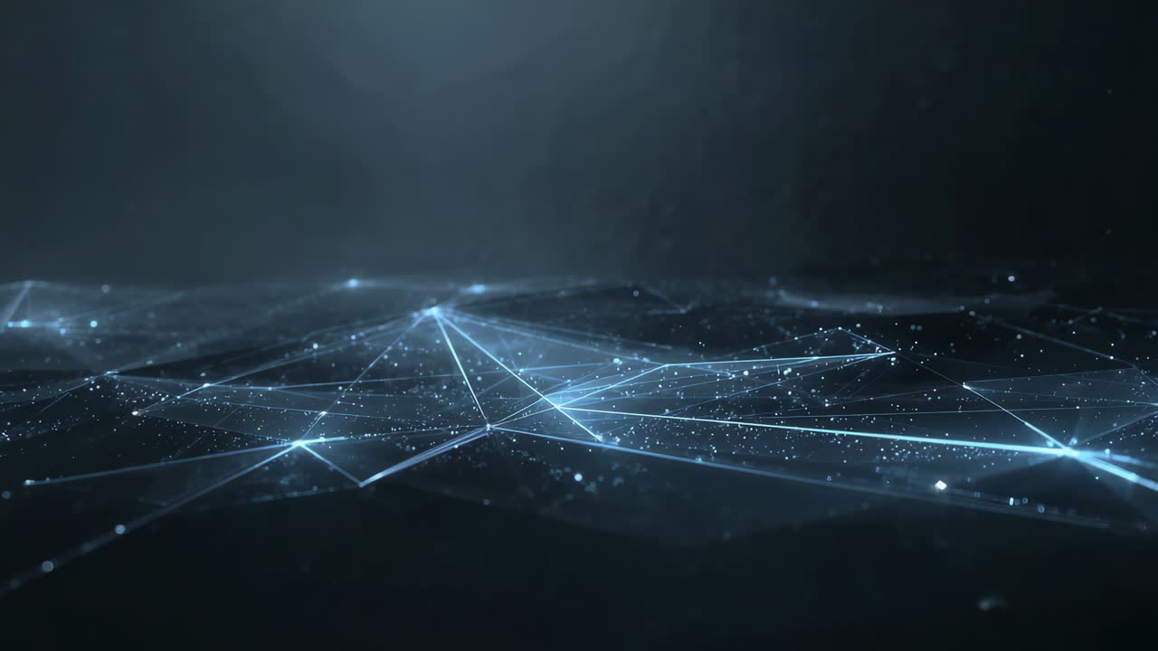 Shifting tri mesh pulsing beams after camera move in void, revealing bright nodes and drifting dust