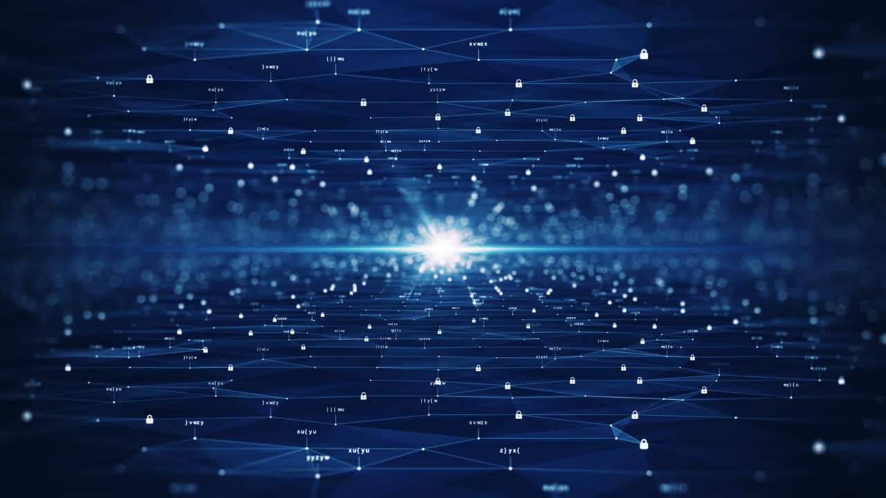 Cybersecurity and digital data protection technology concept. Connection of small binary padlock polygons with center light on dark blue background. Protect the computer system of the Internet online.