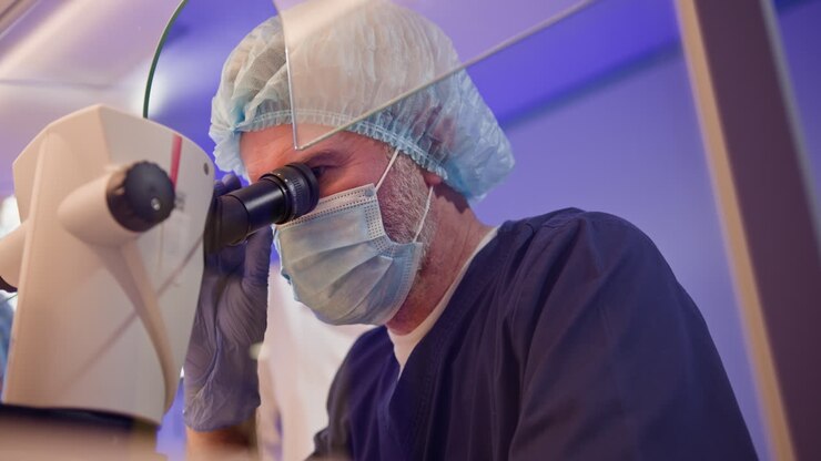 Personale medico che esamina al microscopio