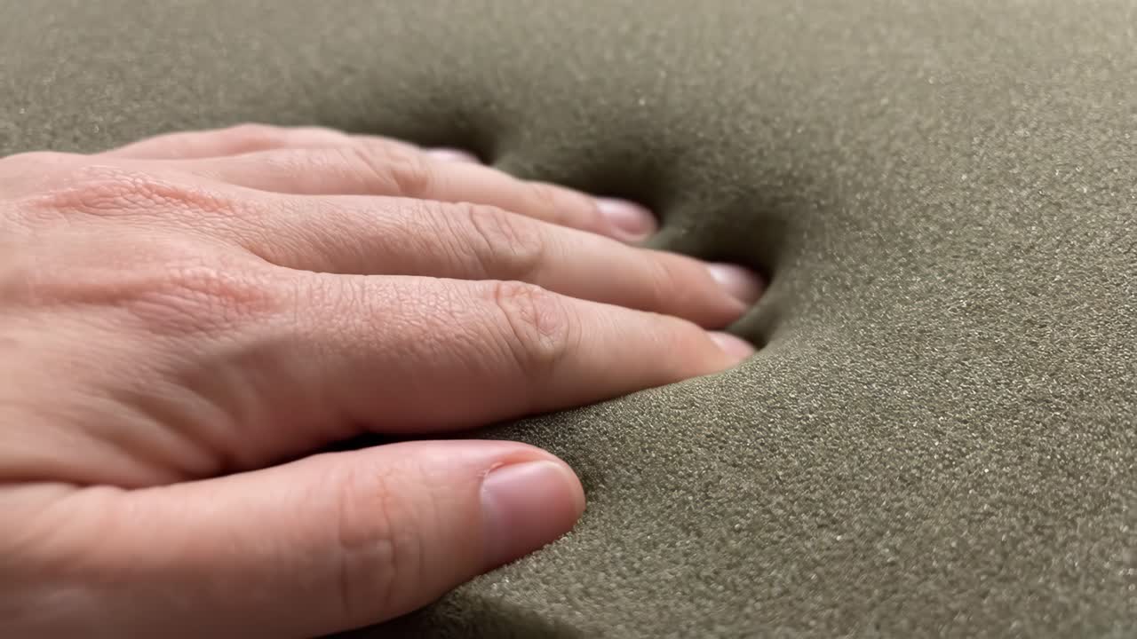 Main exerçant une pression sur de la mousse à mémoire de forme souple