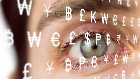 animation of currency data processing over close up of woman's eye