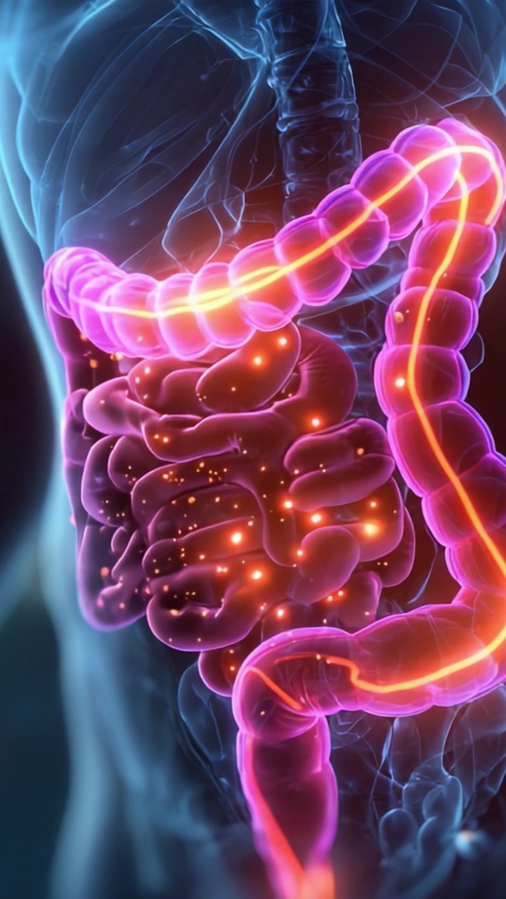 Una rappresentazione vivida del sistema digestivo umano che evidenzia la complessa rete di intestini e organi in movimento con colorazione dinamica ed effetti di luce.