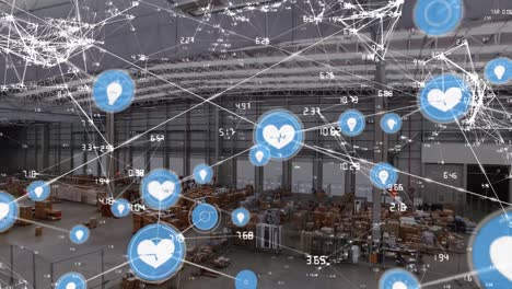 animation of icons connected with lines and digits over aerial view of inventory in warehouse