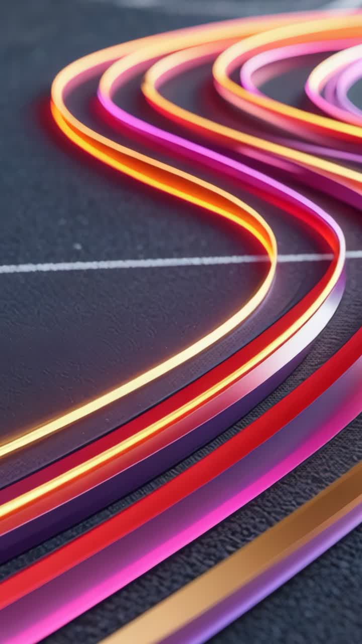 Vertical video: Neon ribbons entering frame and curving past white line on asphalt, camera tracking
