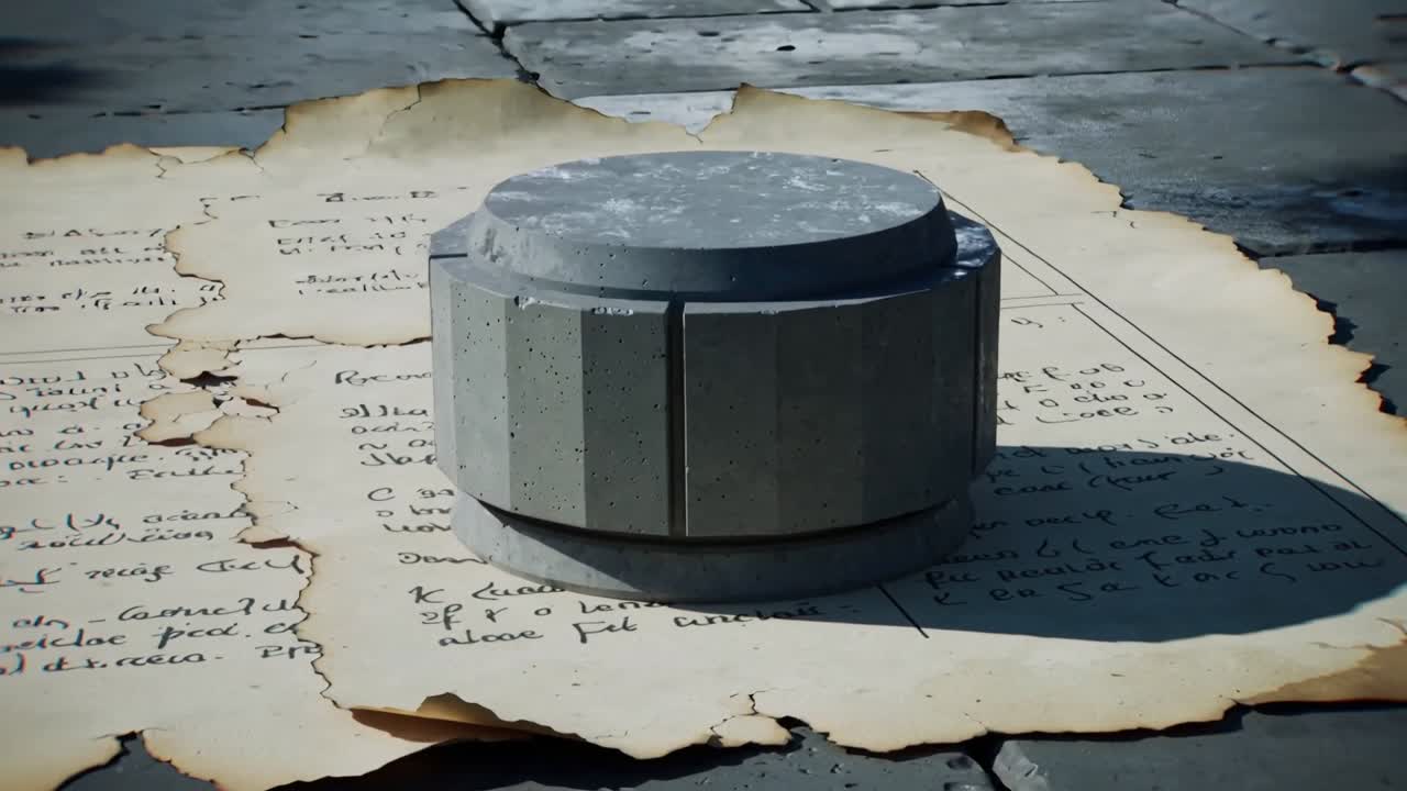 Moving camera circling concrete cylinder on paved tiles, revealing pitted top and singed papers