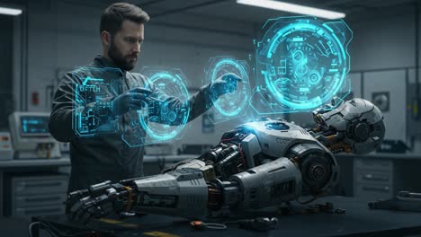 a technician interfaces with advanced robotics: exploring the future of human-robot interaction in a high-tech laboratory environment with holographic displays