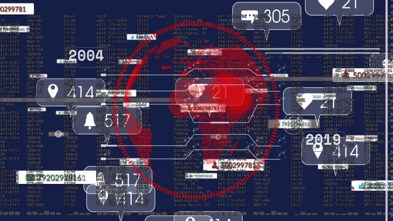 Timeline tick sparking red globe rotating pulsing as data widgets slide, group to show social data