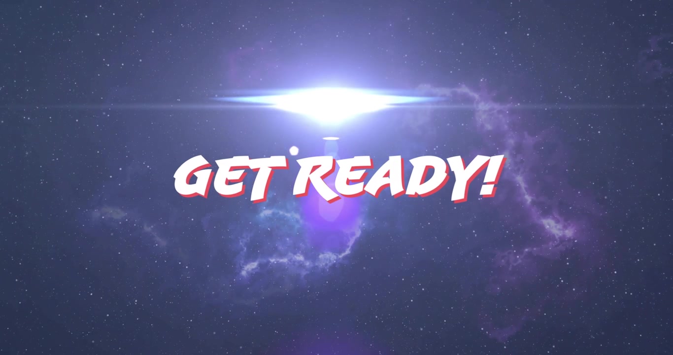 Camera pulling back revealing GET READY! text while lens flare moving leftward intensifying nebula