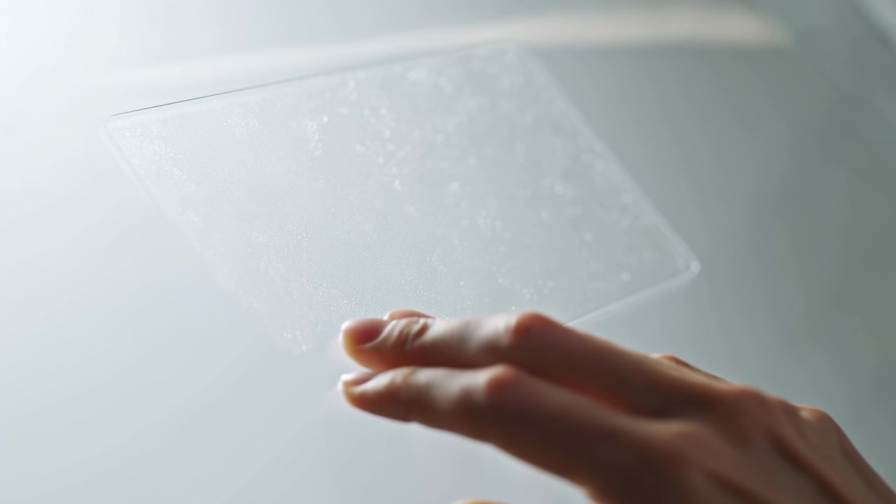 Close up of human fingertips approaching and lightly pressing center-left translucent panel held near camera, showing tactile inspection gesture and scale