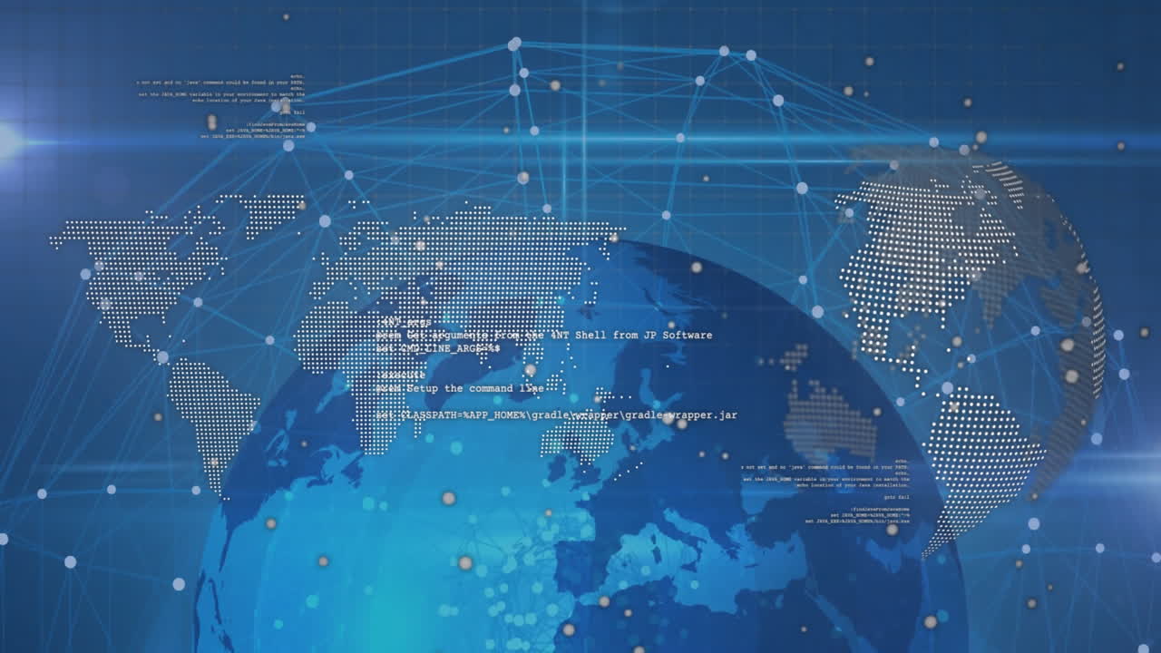 Animation of digital world map showing network connections and data points