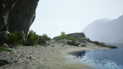 serene beach landscape with cliffs and mountain view