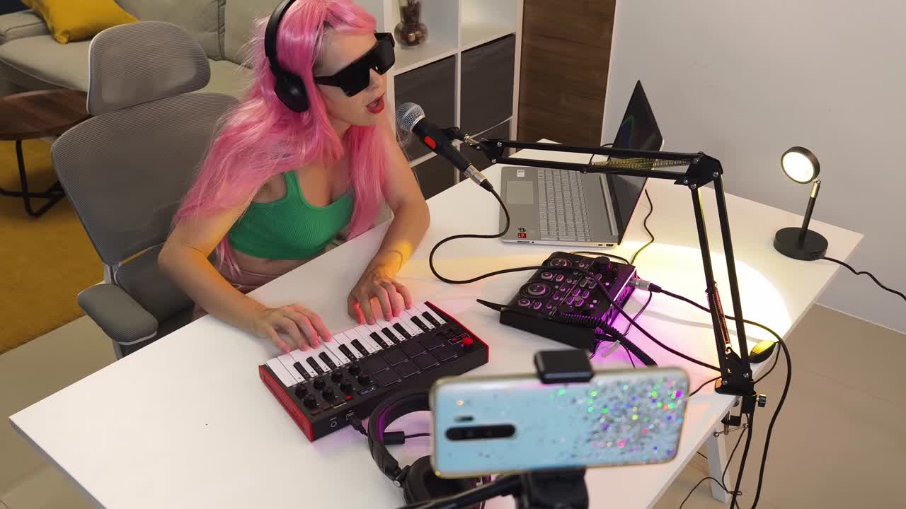 Streamer donna che esegue una sessione di produzione musicale dal vivo