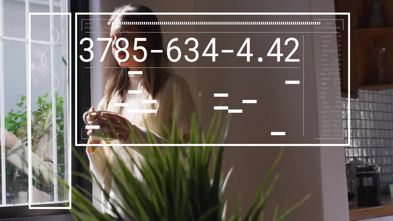 Woman holding coffee mug and gazing out window, showing futuristic tech data overlay on kitchen