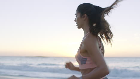 beach, sky sunset and woman running for outdoor