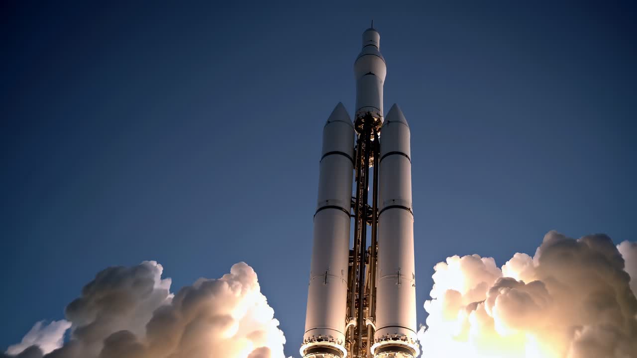A low-angle shot of a rocket launching, surrounded by clouds of smoke, capturing the power