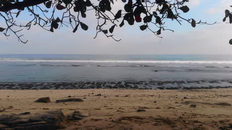 Quiet-morning-beach-with-a-wooden-swing-hanging-from-a-tree,-sandy-beach-and-beautiful-open-ocean-at-sunrise-in-the-background