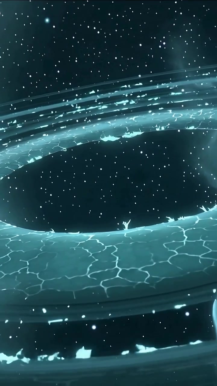 Vertical video: Cracking teal ring pulsing and rotating in inner void, emitting mist and sparks