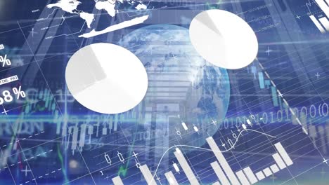 animation of financial and stock market data processing over globe against computer server room