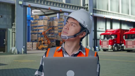 close up of asian male engineer with safety helmet working on a laptop and looking around while standing , outside of logistics distributions warehouse