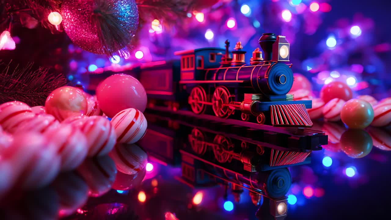 A Festive Miniature Train Gliding Through Colorful Christmas Lights and Sweets, Perfectly Capturing the Joy and Spirit of the Holiday Season in a Magical Setting of Decorations and Reflections