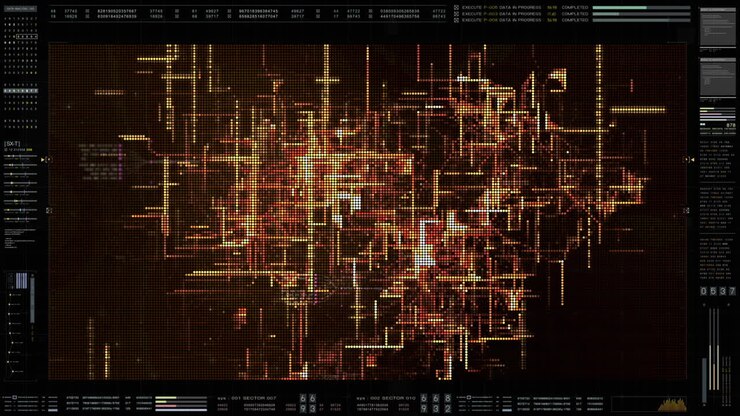 Advance motion graphic futuristic user interface head up display screen with Holographic Machine and digital data telemetry information display for digital background computer desktop display screen
