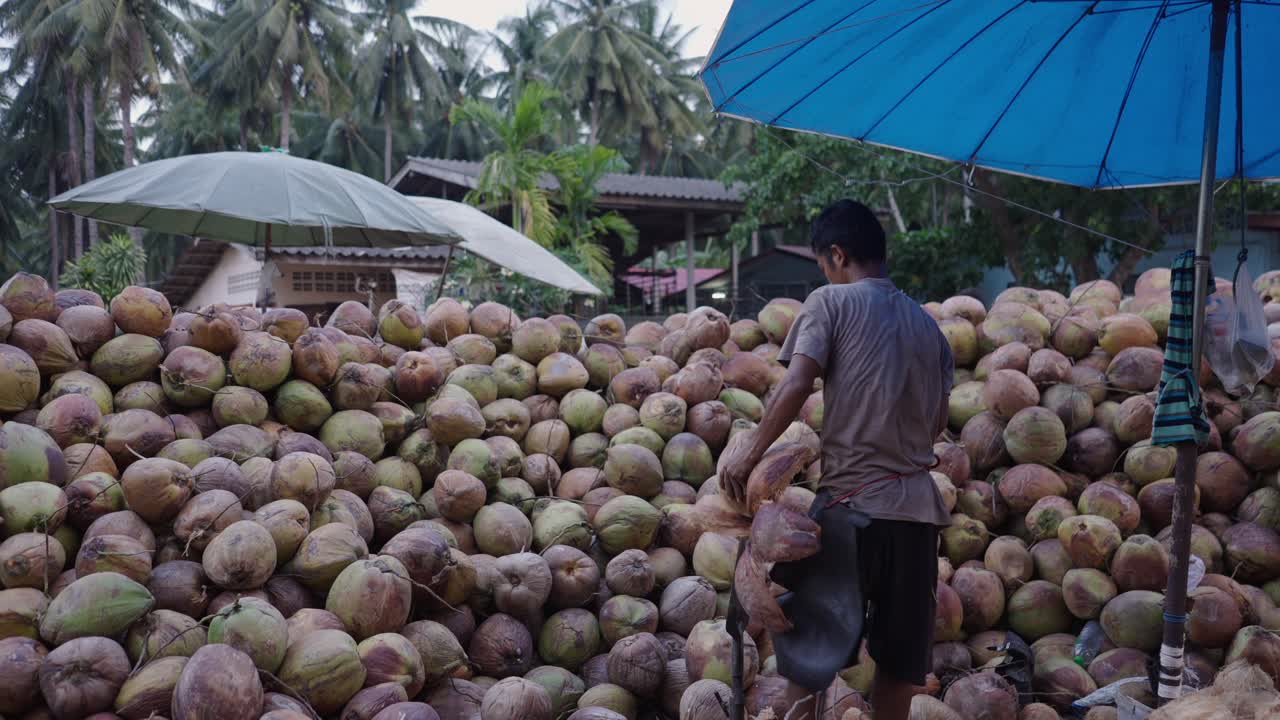 Man peeling coconuts at a tropical market
