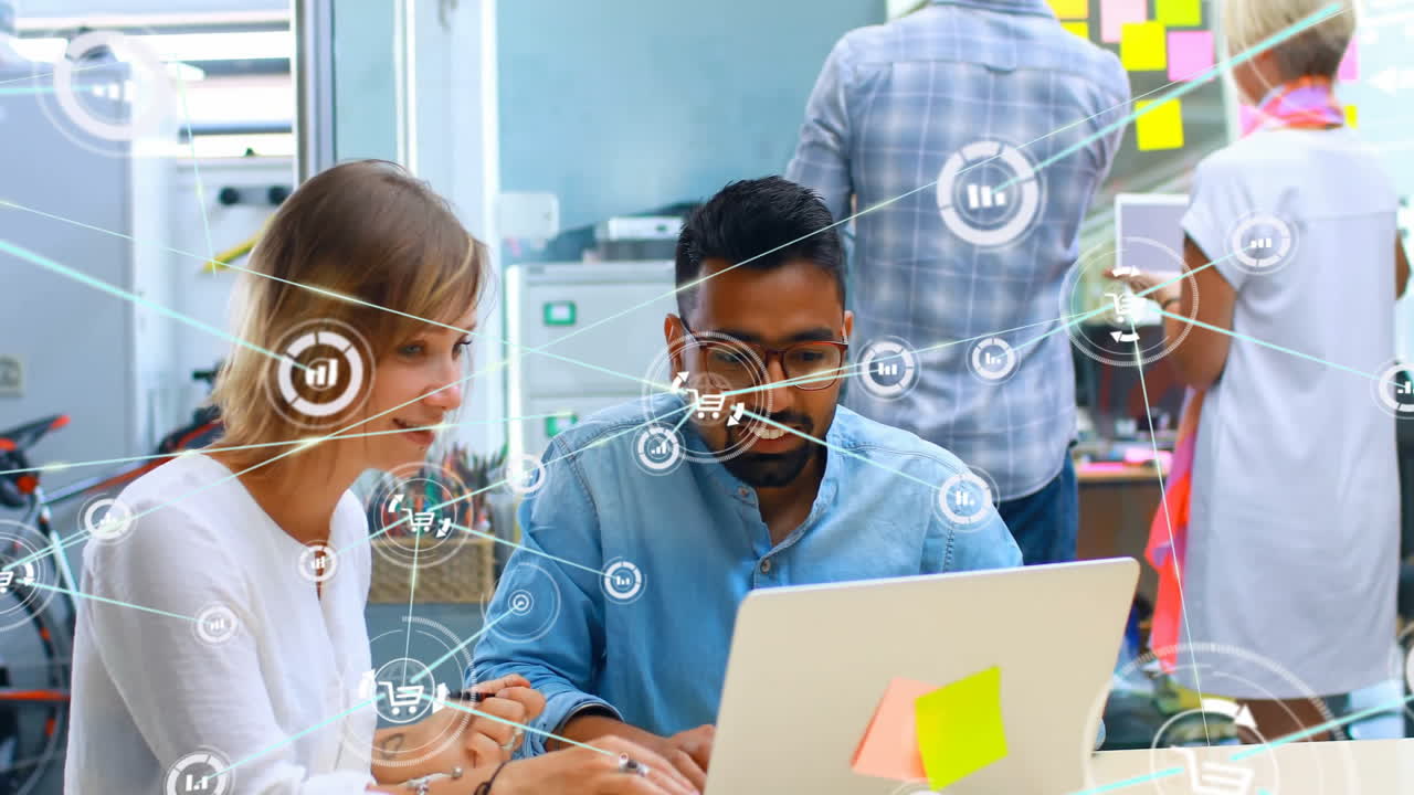 Collaborating in office, diverse team using animation with digital network overlay