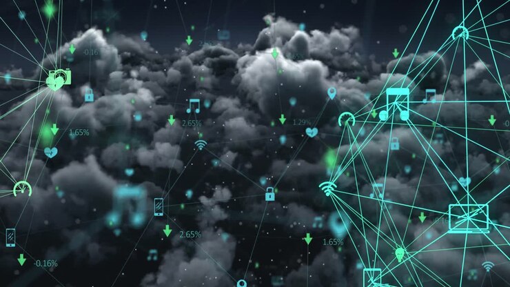 Digital icons forming a globe against dark clouds in the sky
