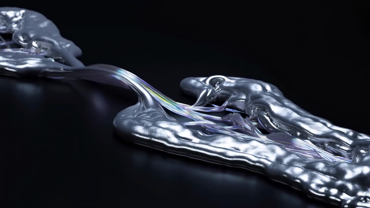 Low angle studio close view of elongated chrome ribbon with translucent iridescent core, subtle surface texture, soft reflections, and dark minimal background for abstract technology concept