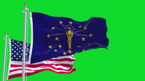 la bandera del estado de indiana ondeando junto con la bandera nacional de los estados unidos de américa.