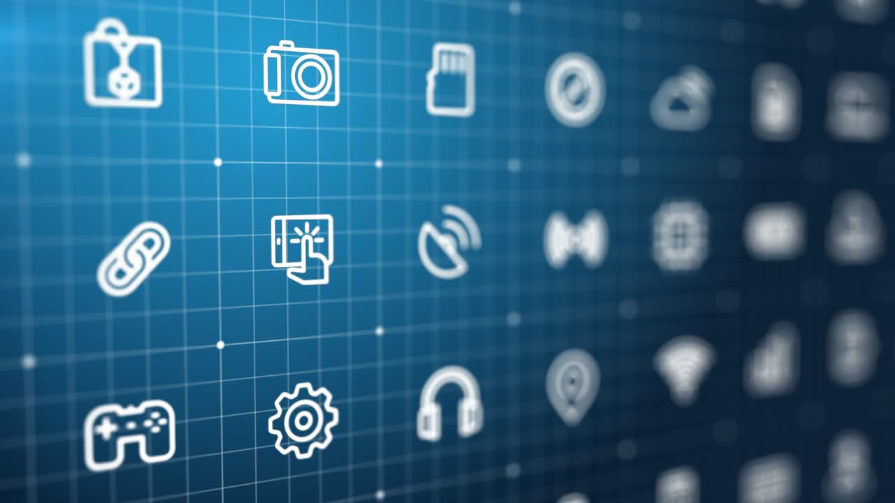 4K 3d animation. Digital Tech, internet background. Swipe in cyberspace grid. Futuristic interface, interaction system concept. Smart phone, laptop, cloud computing server line icon. Seamless loop